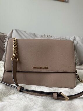 Michael Kors Taupe Saffiano Crossbody with Gold Chain Accent